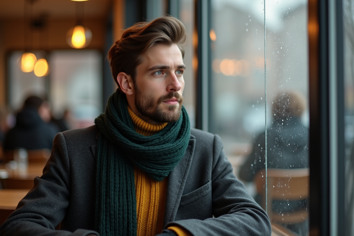 Jeune homme regardant par la fenêtre dans un café en hiver