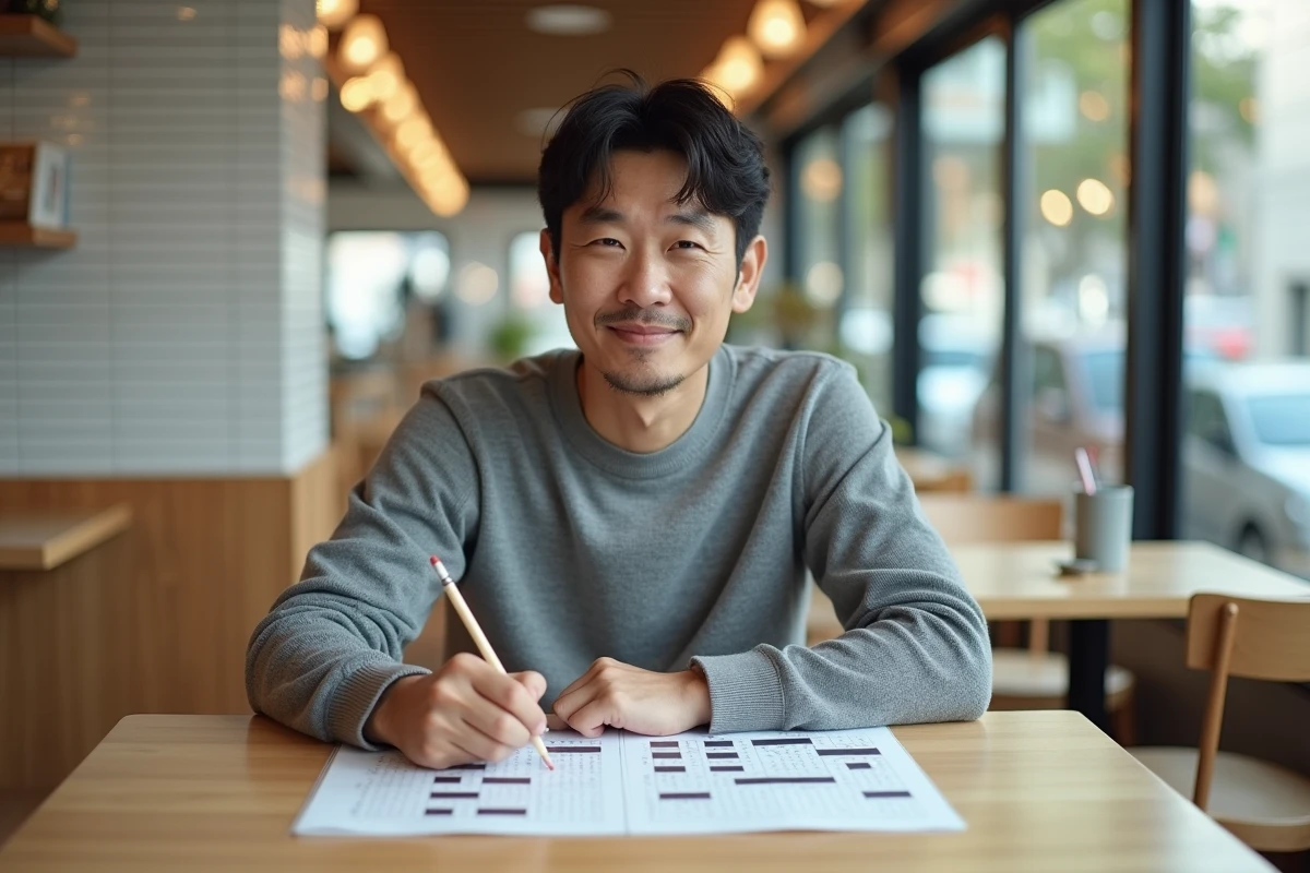 Homme résolvant un magazine de mots fléchés japonais dans un café moderne avec noms de villes japonaises