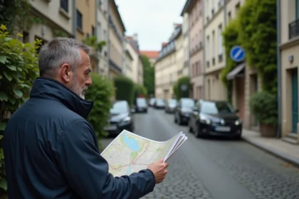 Homme regardant un panneau dans un quartier résidentiel français