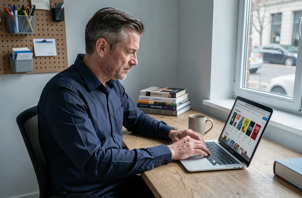 Homme parcourant un catalogue d'ebooks sur un ordinateur portable dans un bureau à domicile moderne