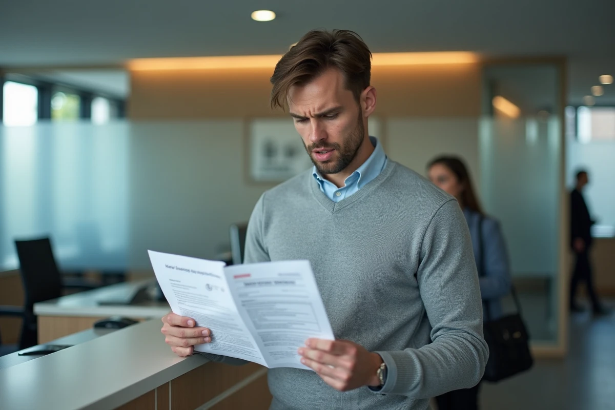 Homme consultant un document de recours dans un hall administratif
