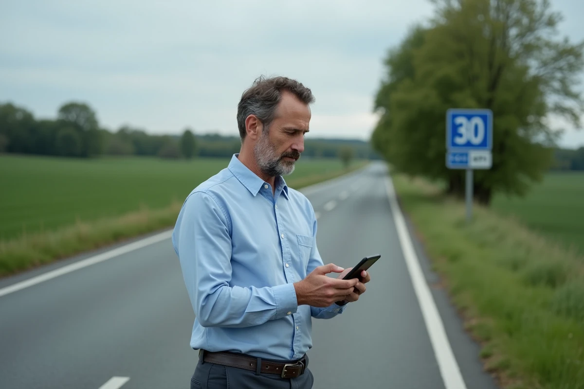 Homme consultant son smartphone pour convertir 30 mph en km/h au bord d'une route européenne avec panneau de limitation de vitesse