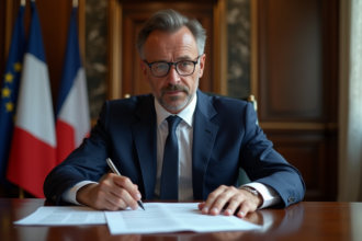 Homme d'affaires français en costume lisant des documents officiels