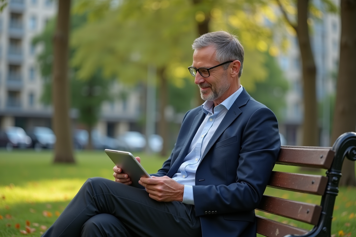 Homme d age moyen vérifiant ses finances sur une tablette dans un parc