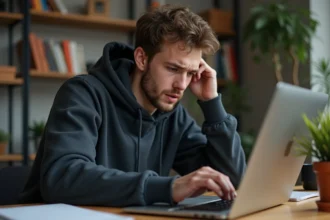Jeune homme frustré devant un ordinateur portable affichant des publicités intrusives lors de la lecture de scan manga en ligne