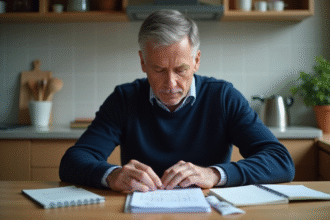 Homme d'âge moyen examinant ses factures à la maison