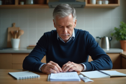 Homme d'âge moyen examinant ses factures à la maison