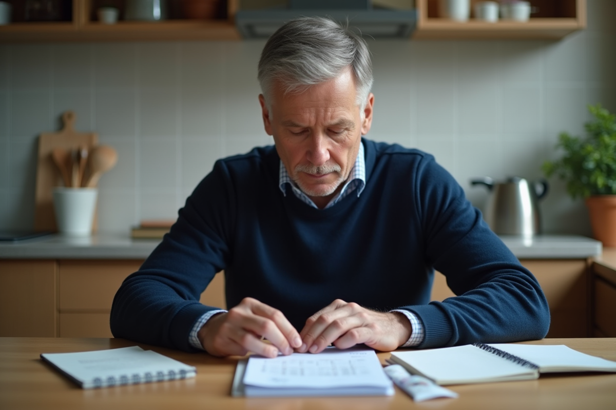 Homme d'âge moyen examinant ses factures à la maison