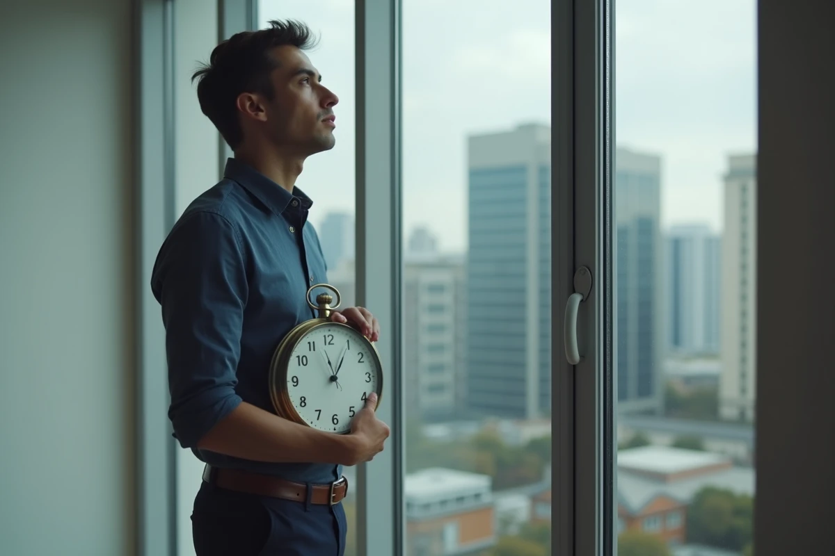 Homme tenant une horloge analogique indiquant 14h41 devant une fenêtre, illustration de la signification de l'heure miroir 14h41