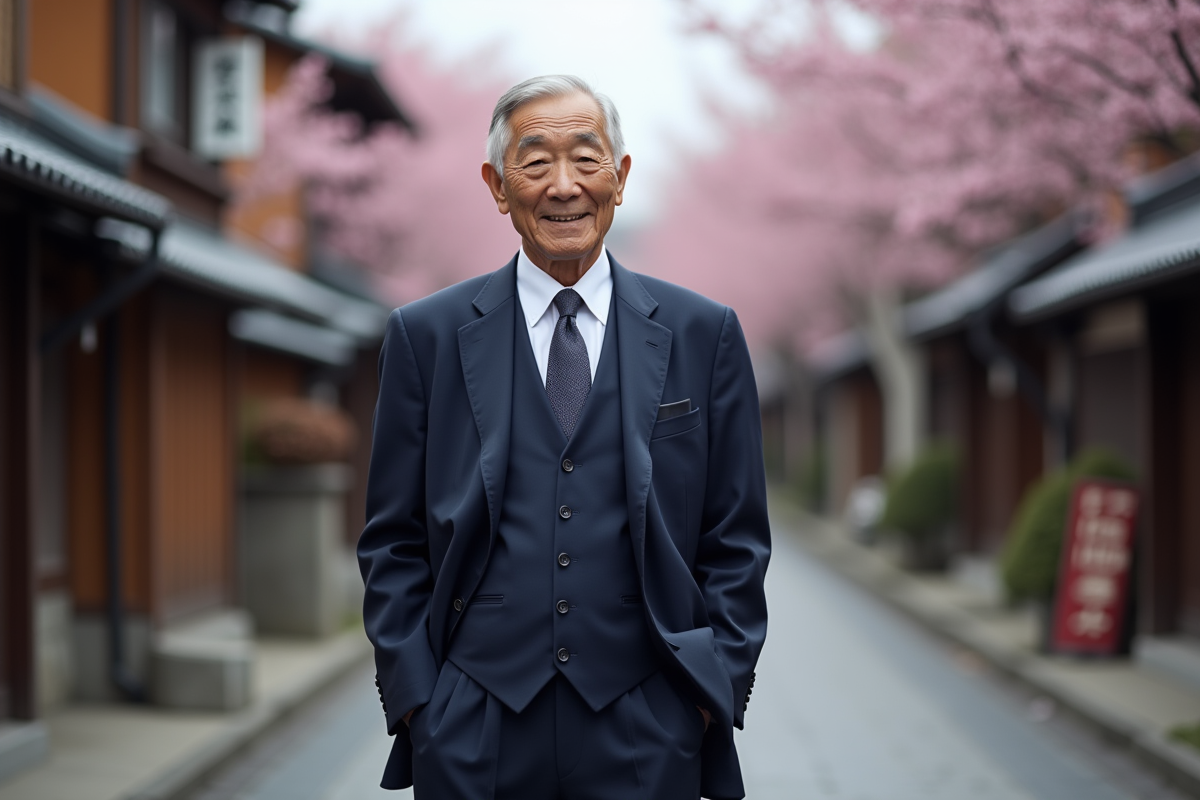 Homme japonais en costume dans un quartier historique de Kyoto