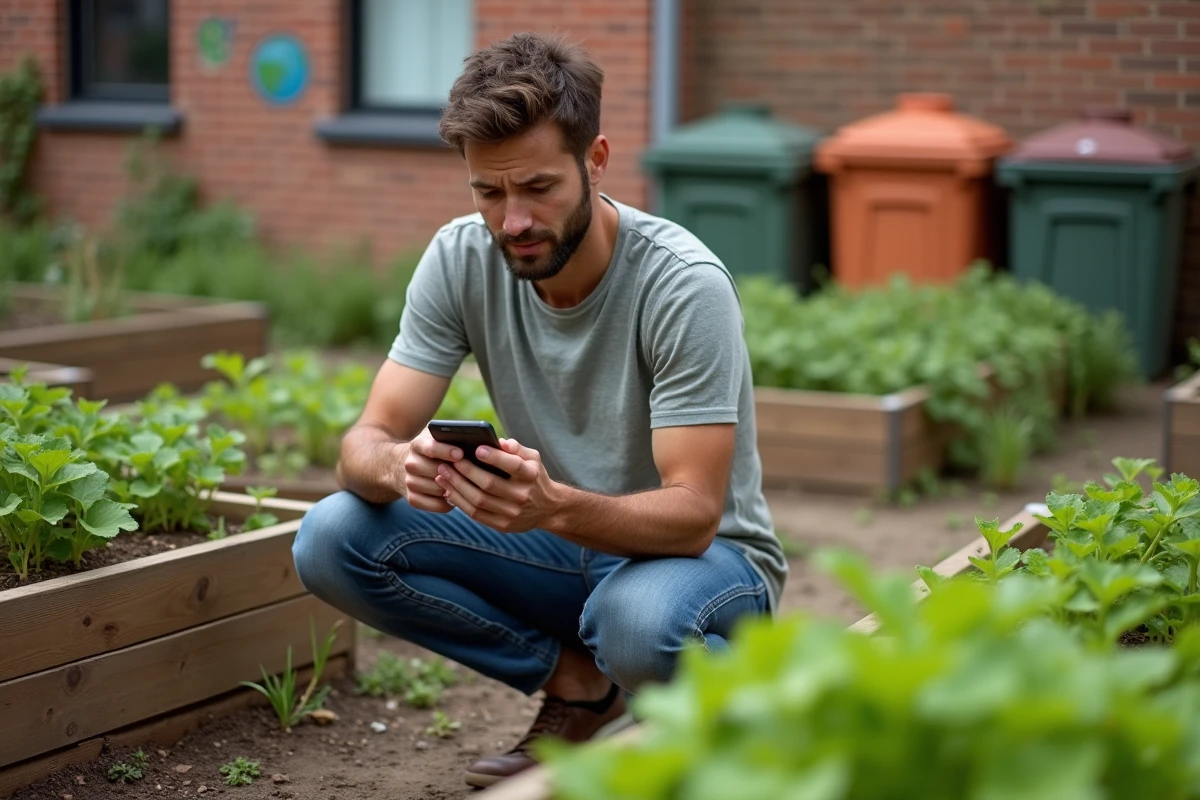 Homme dans un jardin urbain consulte les résultats d'un quiz écologique sur son smartphone entouré de bacs de compost