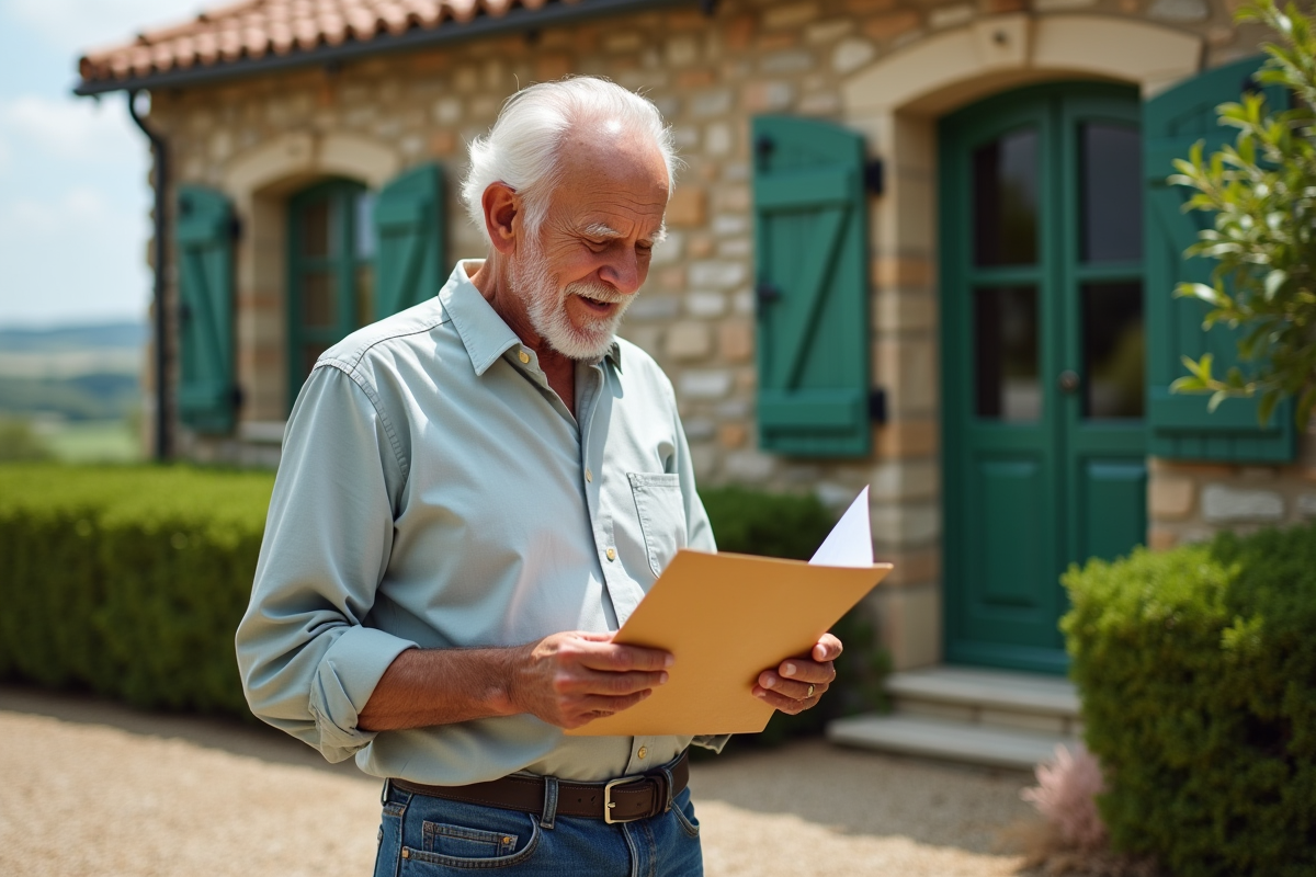 Homme âgé lisant des enveloppes devant sa maison