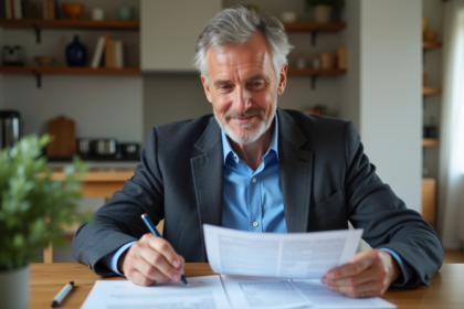 Homme d'âge moyen lisant des documents dans un appartement moderne