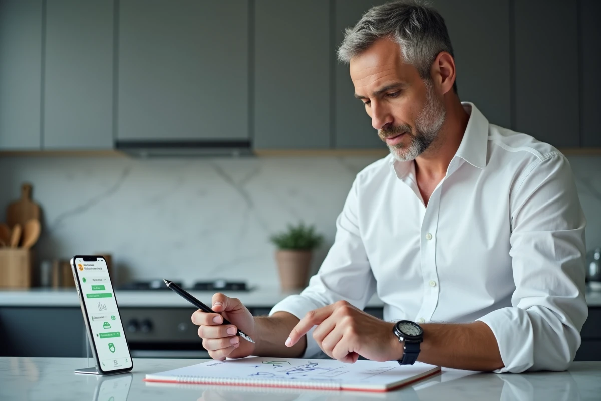 Homme debout dans une cuisine moderne prenant des notes stratégiques pour résoudre le mot du jour sur Cemantix