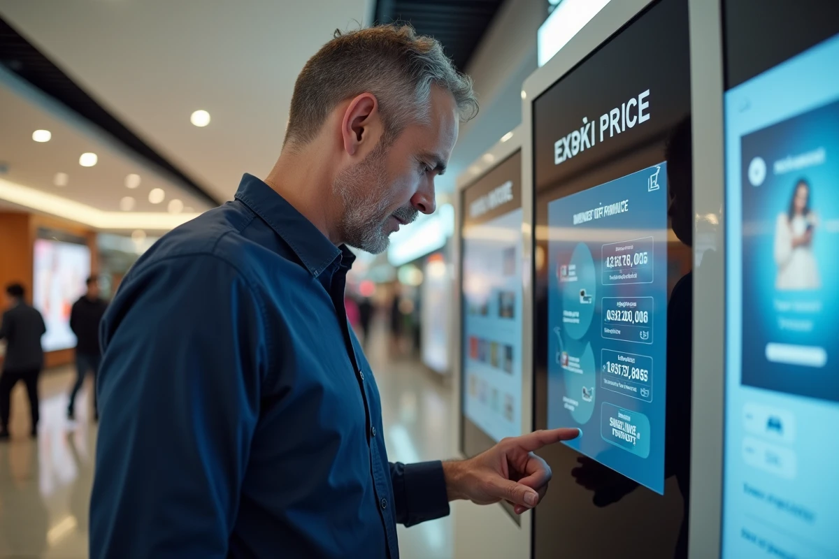 Homme consultant les options tarifaires et suppléments sur un photomaton en libre-service en centre commercial