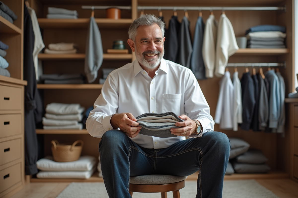 Homme pliant des vêtements dans un dressing spacieux et lumineux