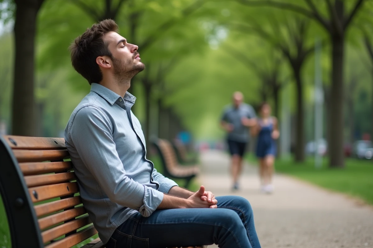 Homme assis sur un banc de parc en pleine détente