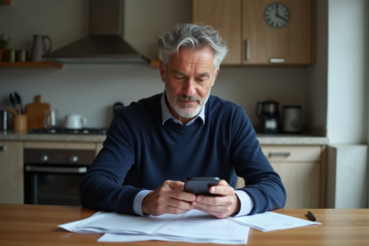 Homme détendu utilisant smartphone et calculatrice à la maison