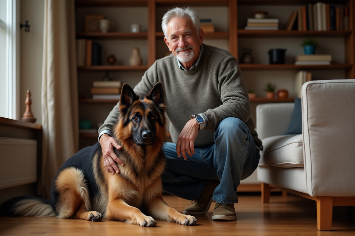 Homme âgé avec un malinois dans un salon chaleureux