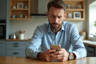 Homme d'âge moyen avec smartphone dans une cuisine lumineuse