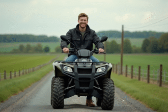Homme souriant en quad dans un paysage rural calme