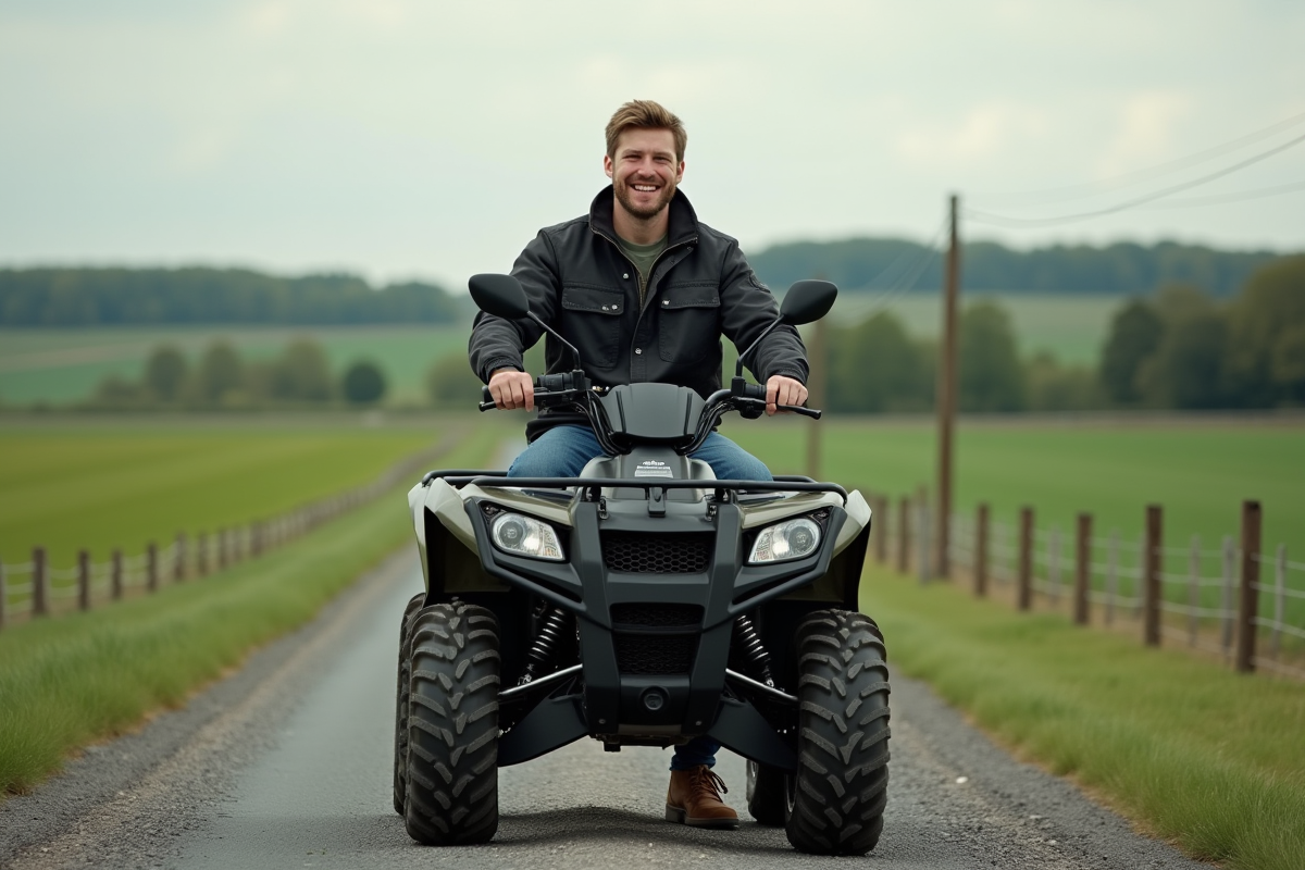 Homme souriant en quad dans un paysage rural calme