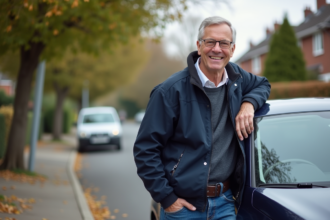 Homme souriant avec sa voiture dans un quartier calme