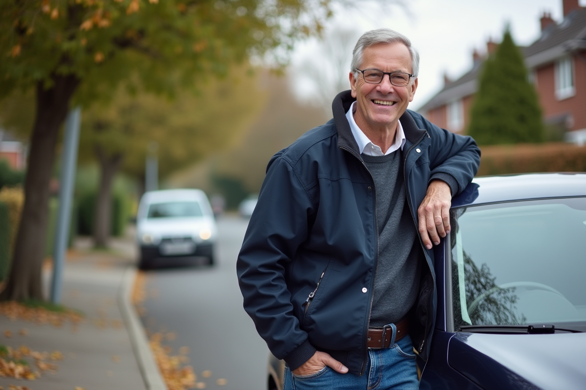 Homme souriant avec sa voiture dans un quartier calme