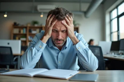 Homme stressé au bureau dans un espace moderne