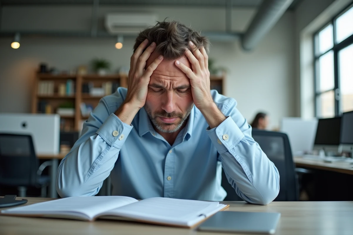 Homme stressé au bureau dans un espace moderne