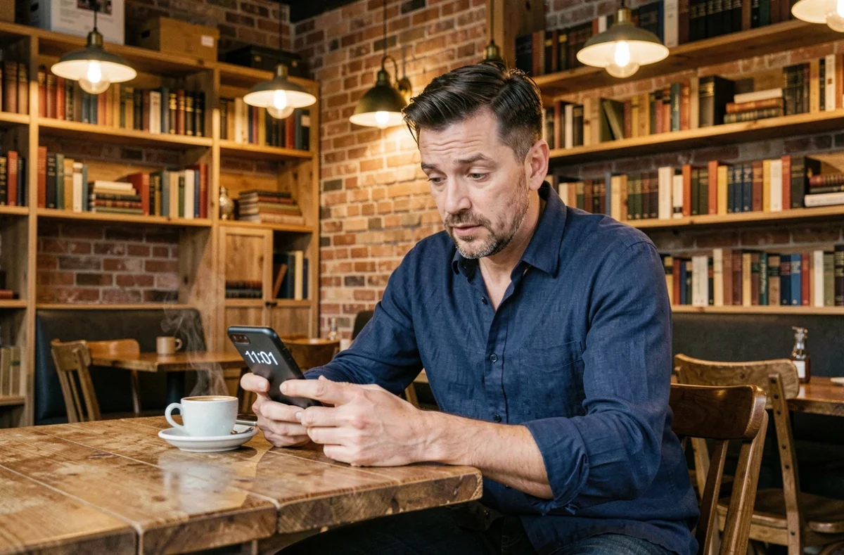 Homme fixant son téléphone affichant 11h01 dans un café chaleureux, illustration de la signification de l'heure miroir