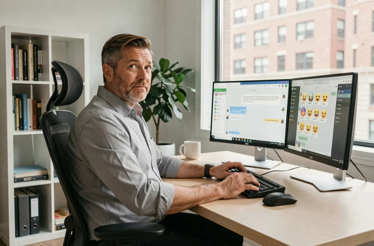 Homme en télétravail réalisant un faux pas avec des emojis dans un message professionnel