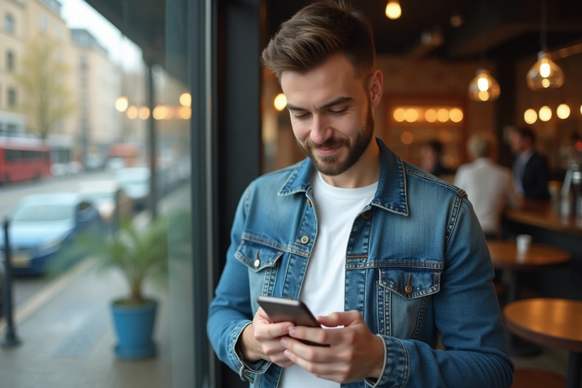 Homme trans consultant une appli de rencontre mobile dans un café urbain contemporain