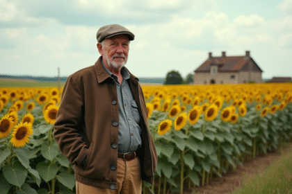 Homme âgé dans un champ de tournesols en France