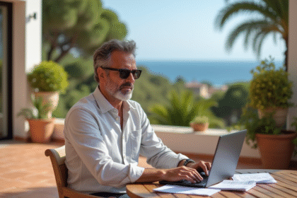 Homme d age moyen en tenue décontractée sur terrasse en Espagne