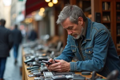Homme d'âge moyen inspectant un téléphone vintage au marché aux puces