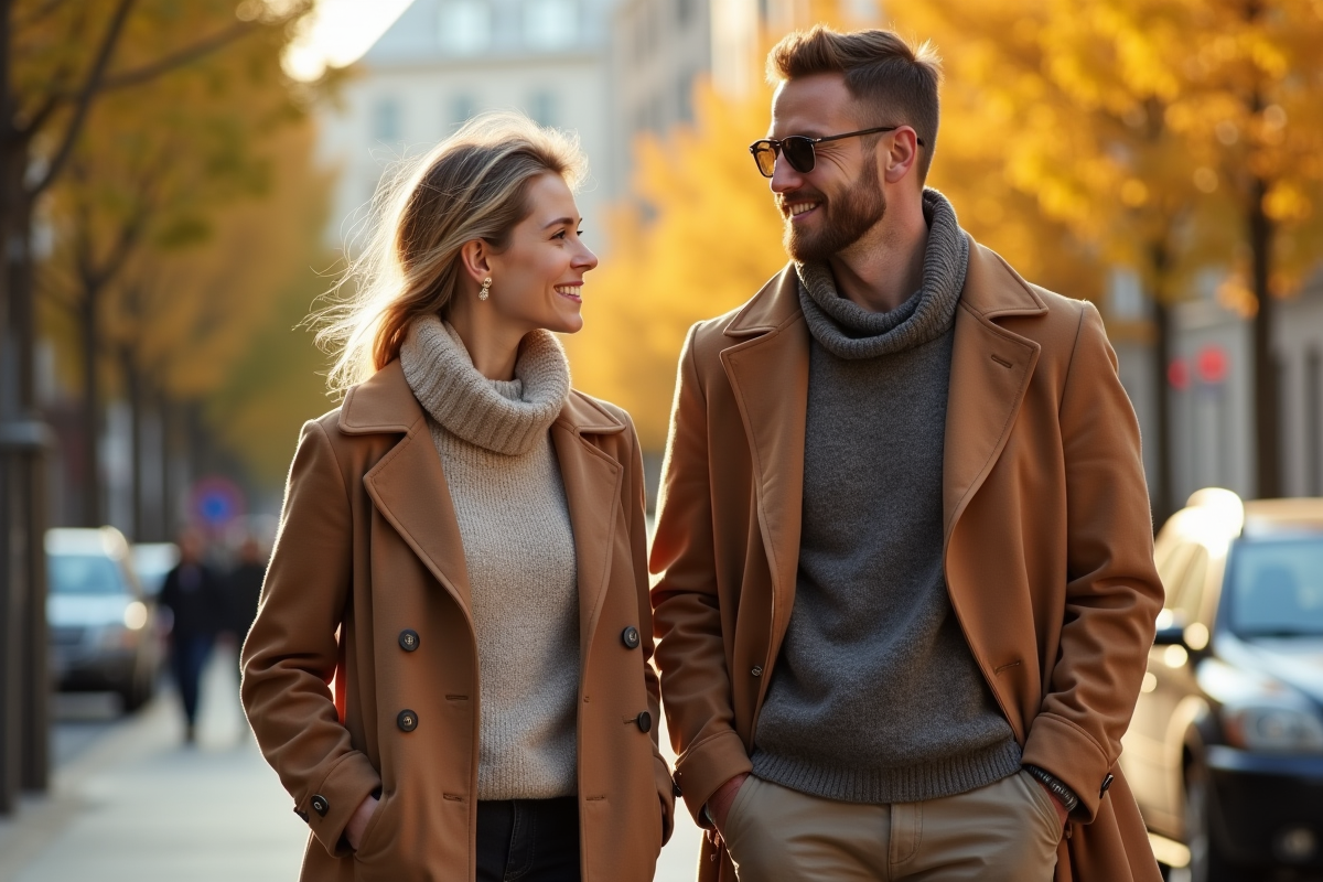 Homme et femme marchant en automne en vêtements naturels