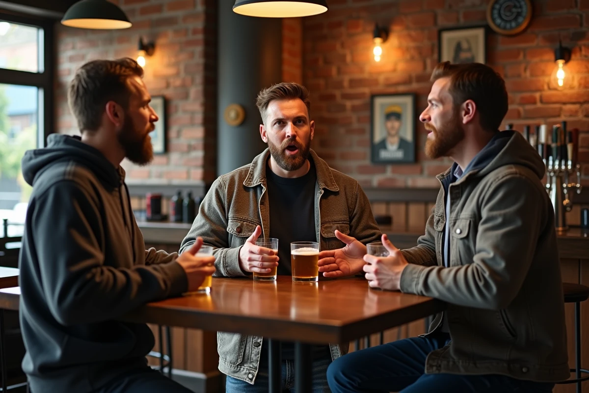 Trois hommes dans un pub expliquant avec animation les règles d'un jeu de société autour d'une table haute