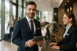Hôte d'hôtel confiant dans un lobby moderne avec tablette