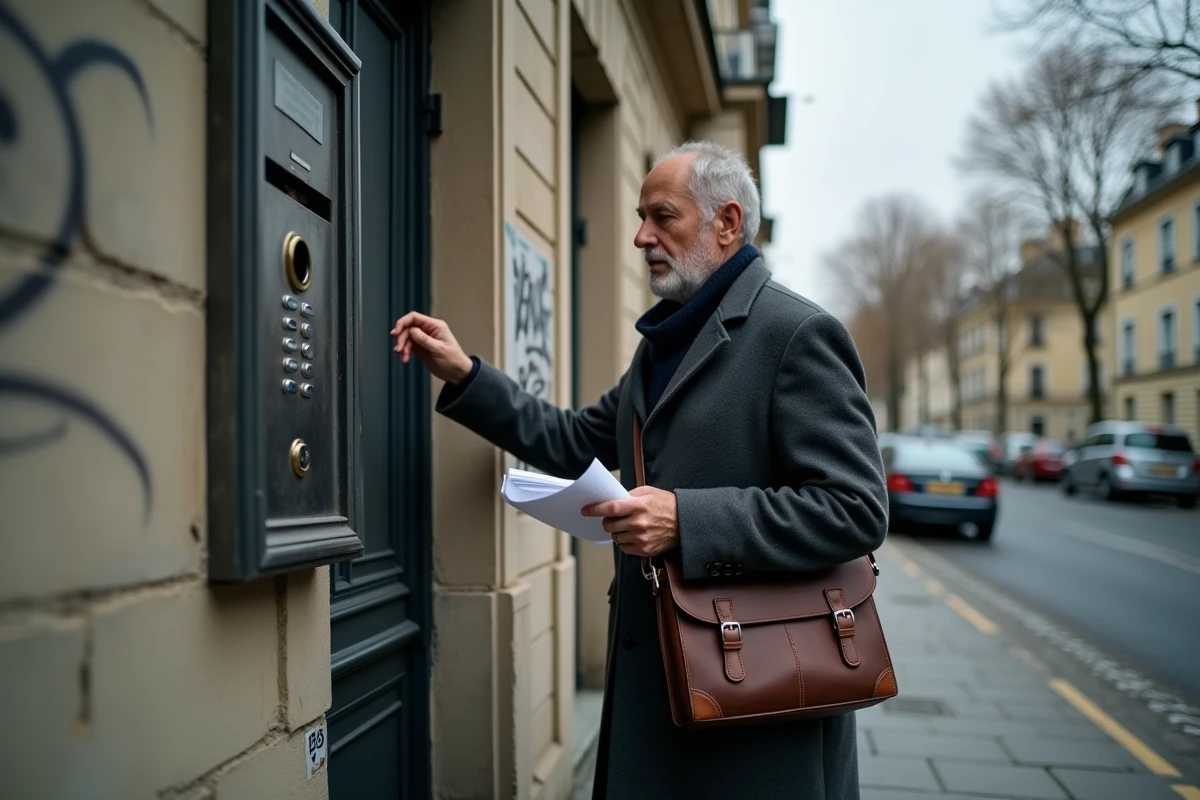 Huissier de justice sonnant à la porte d'un immeuble résidentiel parisien avec un document officiel à la main