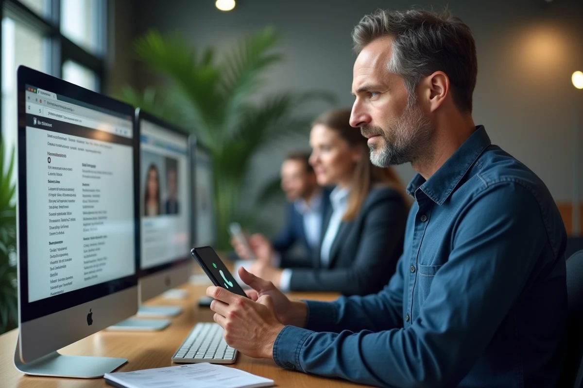 Homme utilisant un ordinateur et un smartphone pour identifier un numéro de téléphone inconnu dans un espace de coworking