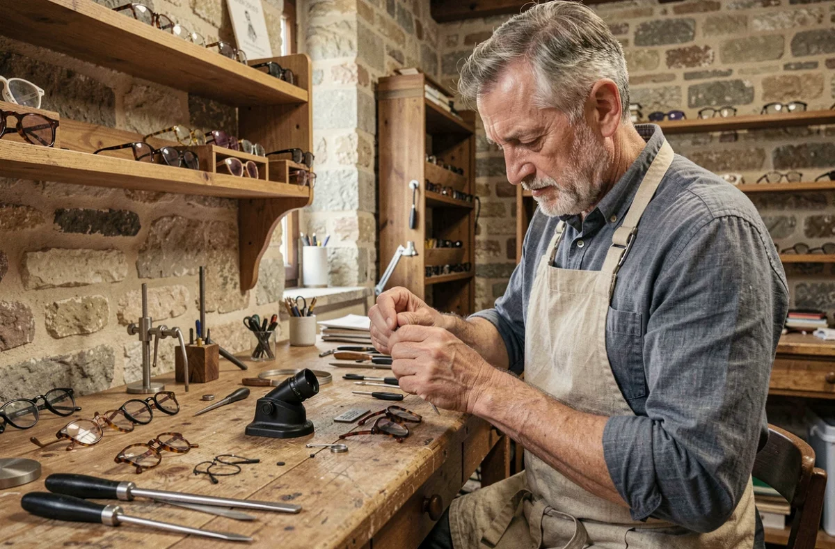 L'Indice Artisan Lunetier à Tours, un maître lunetier artisanal ajustant à la main des montures de lunettes sur mesure dans son atelier