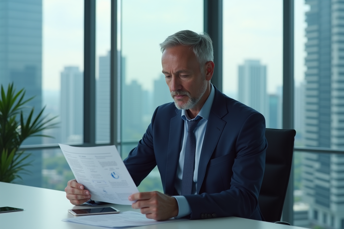 Ingénieur homme en costume bleu analysant un rapport AI dans un bureau moderne