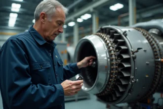 Ingénieur inspectant un moteur d'avion dans une usine moderne