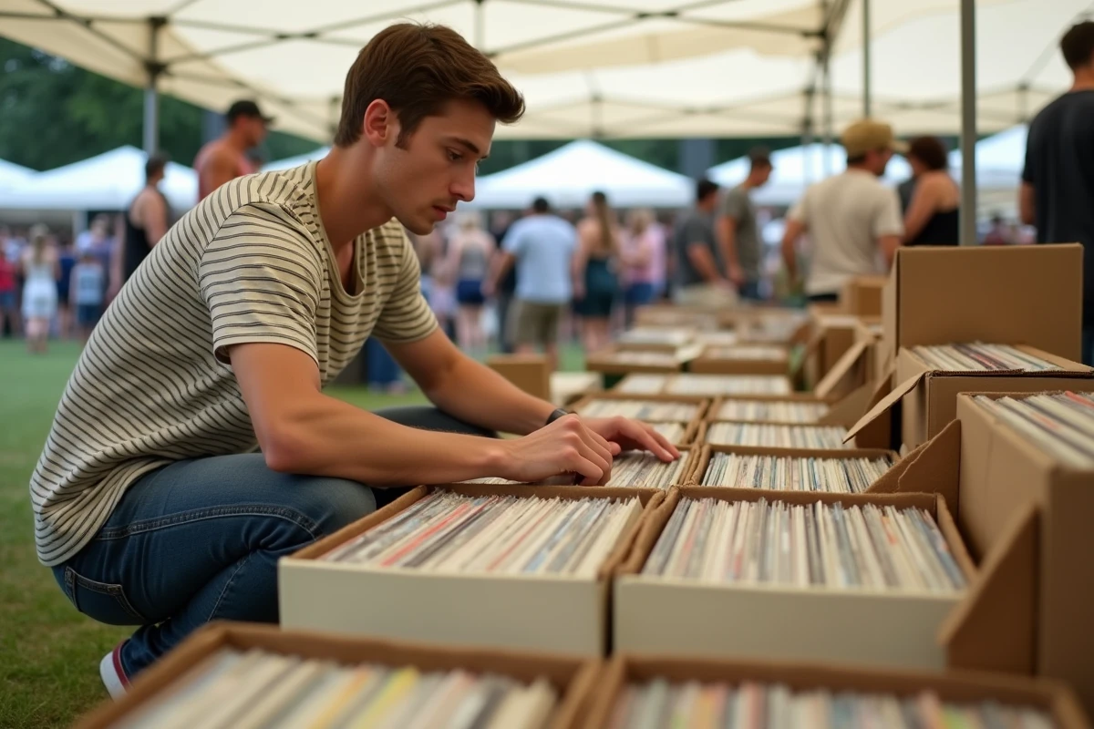 Jeune homme inspectant des vinyles lors d
