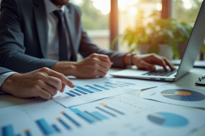 Professionnel analysant des rapports immobiliers avec graphiques