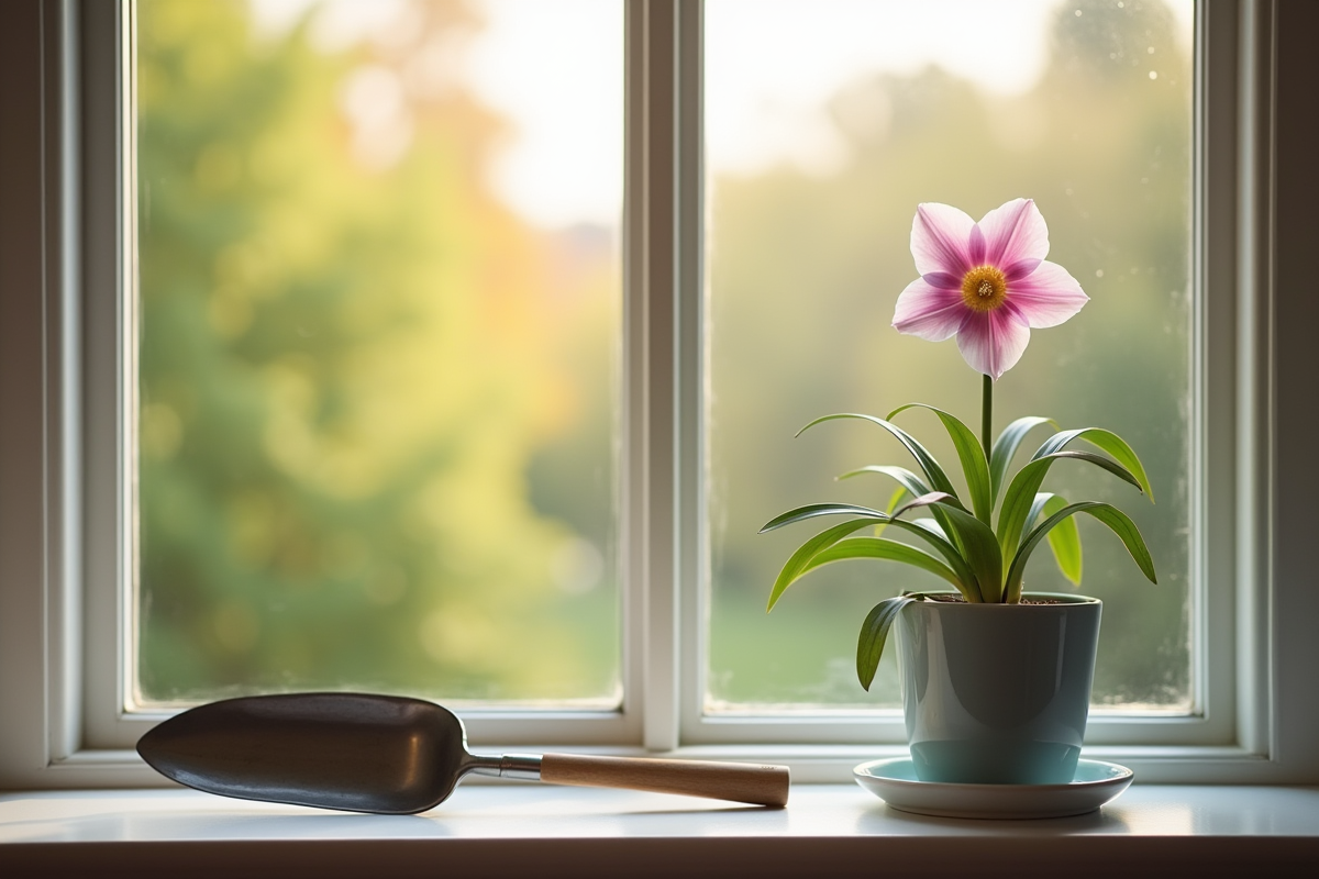 Hellebore en pot sur une fenetre lumineuse