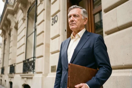 Homme d'affaires discret en costume bleu marine devant un immeuble parisien haussmannien, illustrant la discrétion et la stratégie médiatique