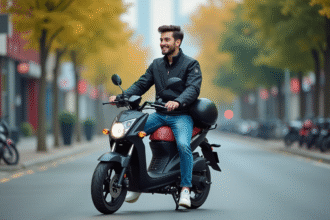 Jeune homme en veste moderne et casque à côté d'une moto en ville
