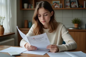Jeune femme de 19 ans consulte des brochures universitaires à la maison